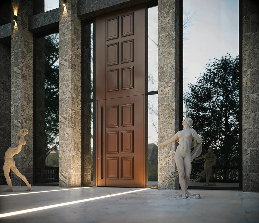 Monumentaler Eingang mit Steinsäulen, hoher Holztür und klassischen Marmorskulpturen. Warme Beleuchtung akzentuiert die architektonischen Details zwischen grünen Bäumen.